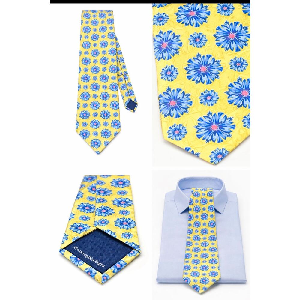 Men's Ermenegildo Zegna 100% Silk Yellow Blue Flowers Necktie Made in ItalyTie